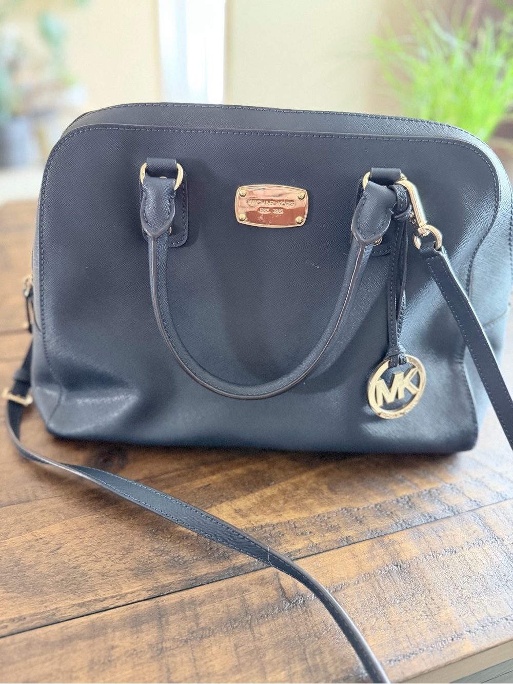 Michael Kors Navy Saffiano Satchel with Gold Hardware